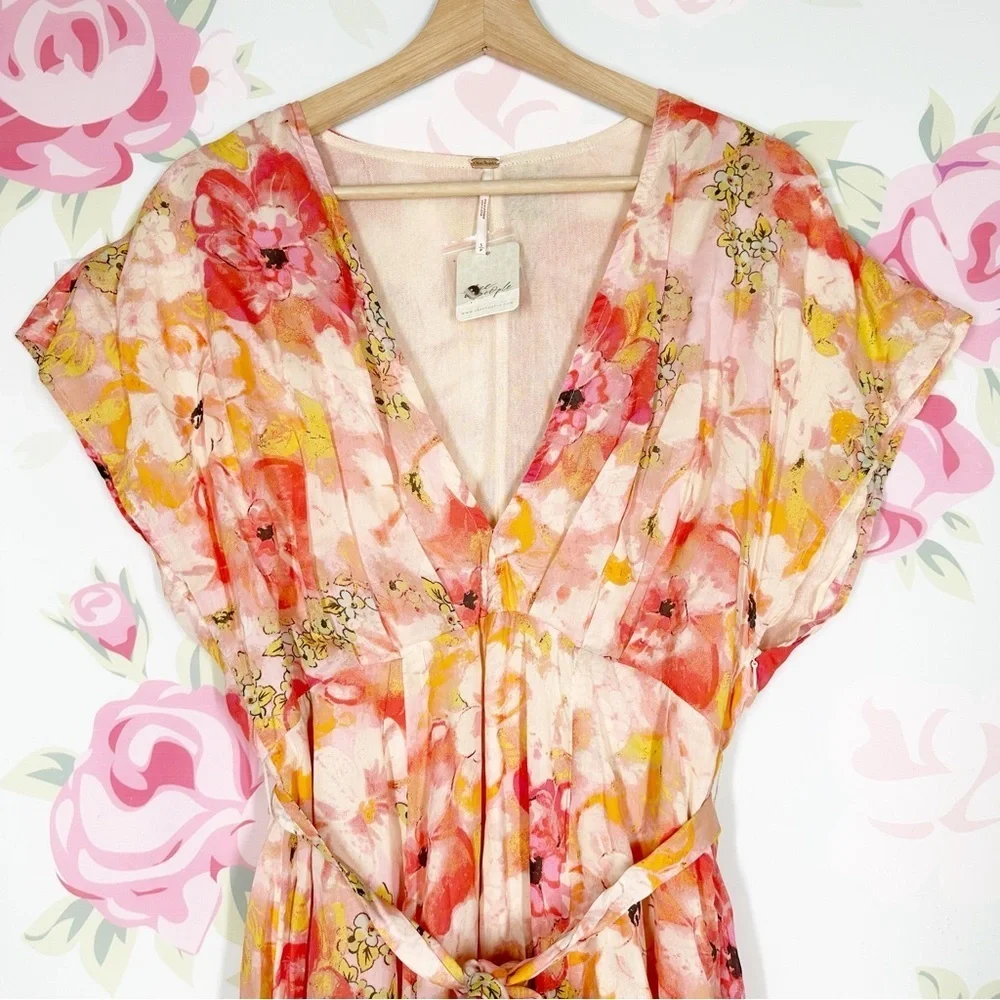 NEW Free People Freddy Floral Romantic V Neck Tie Front Mini Dress S